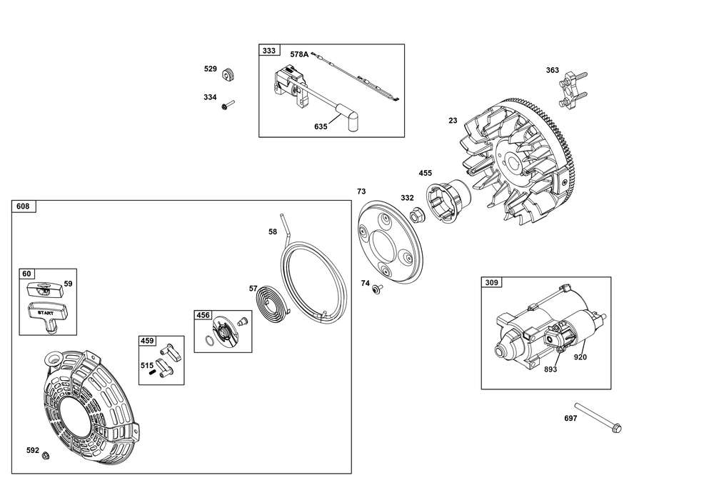 Flywheel, Ignition, And Starter Group Diagram and Parts List for 305447-0339-B5 200000 - 399999 Briggs and Stratton Engine